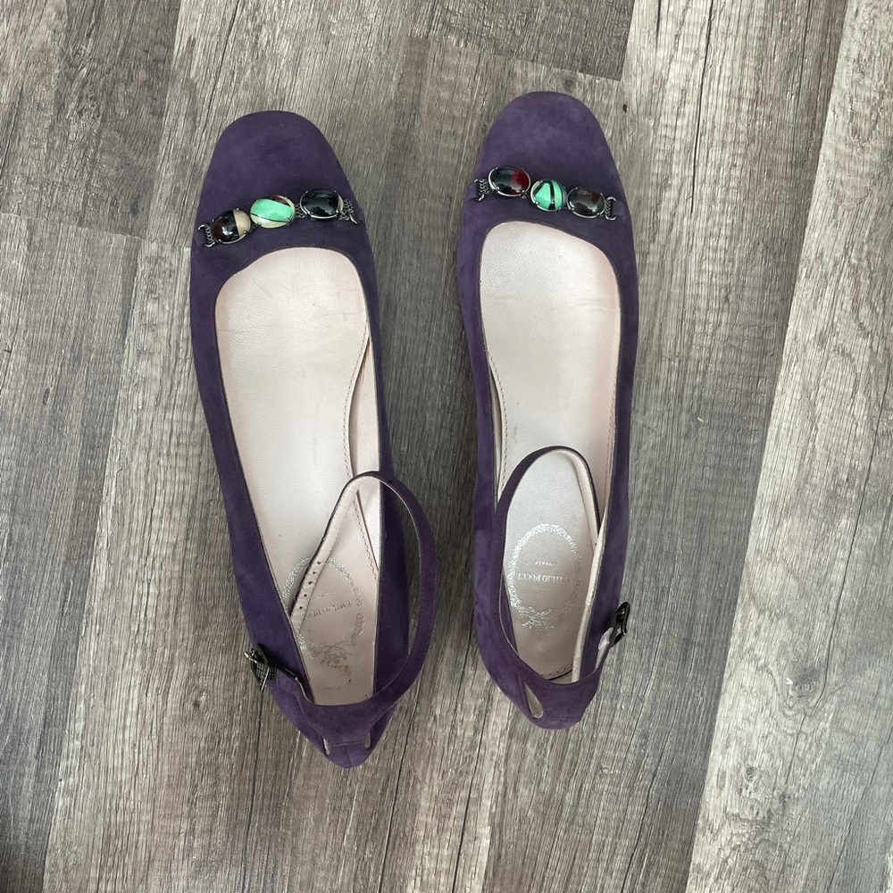 Emilio Pucci Ballet Purple Suede Ankle Wrap Flat with Stone
